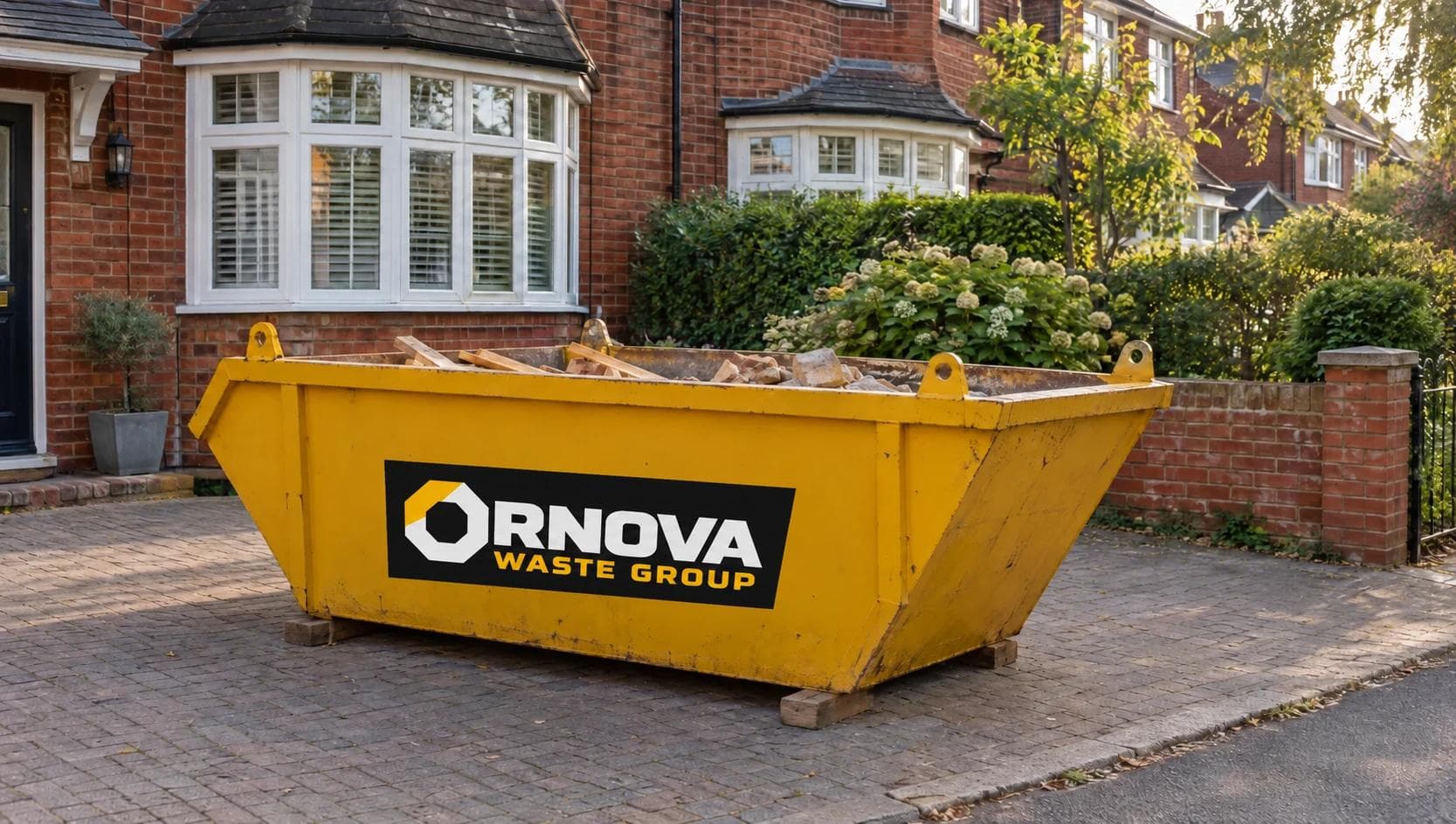Illustrative Ornova-branded skip on the driveway of a London family home.