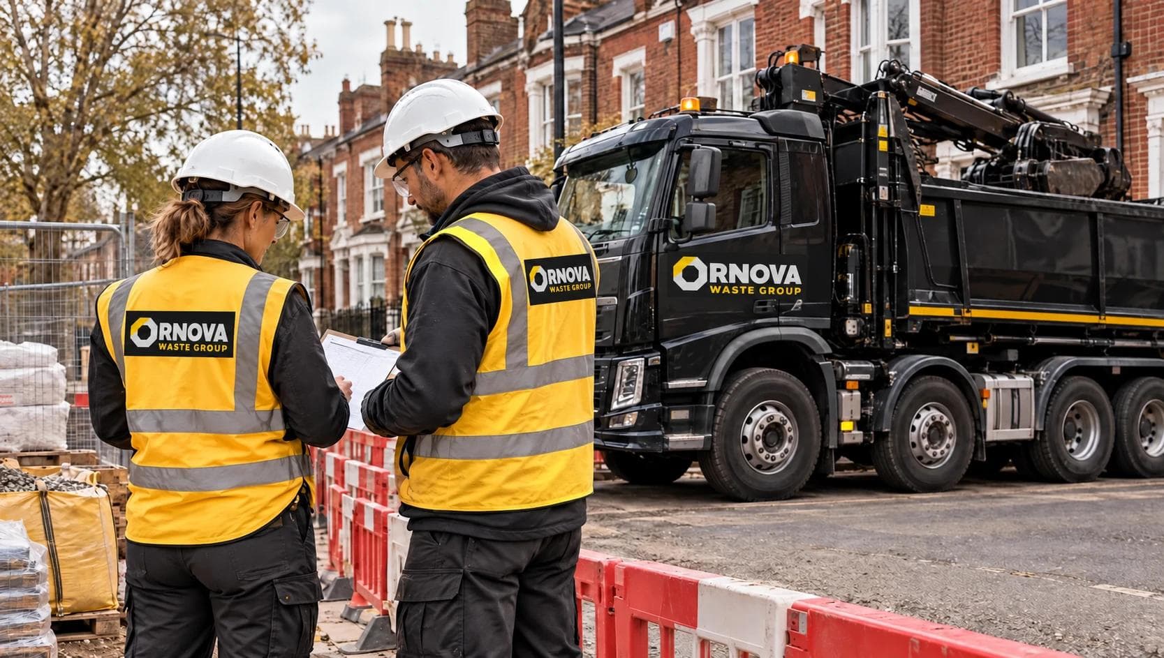 Illustrative operators beside an Ornova-branded grab lorry at a London house renovation.