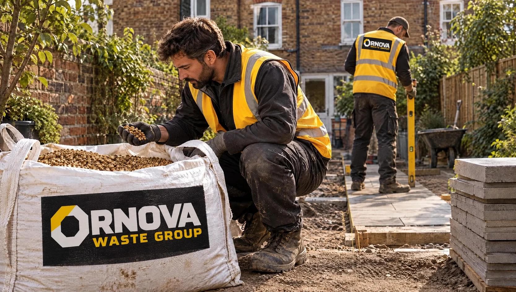 Illustrative landscapers working with an Ornova-branded aggregate bag in a residential garden.