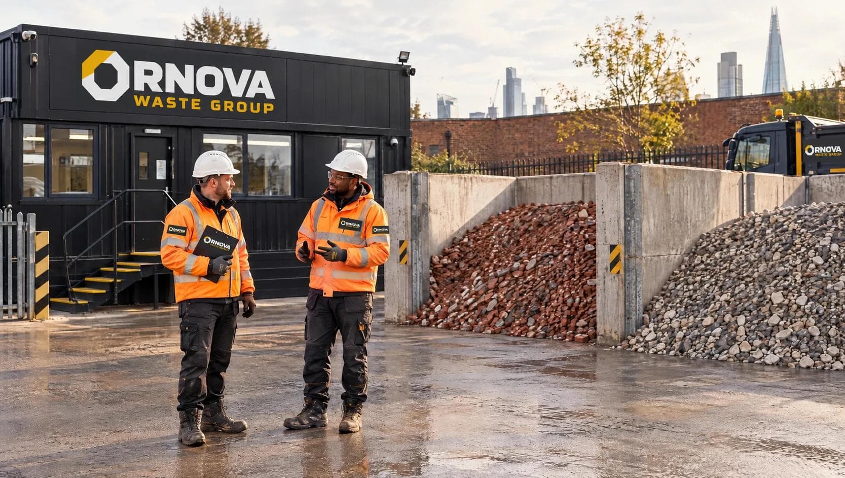 Illustrative operators beside separated materials in an Ornova-branded recycling yard.